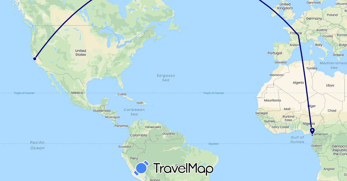 TravelMap itinerary: driving in Cameroon, France, United States (Africa, Europe, North America)